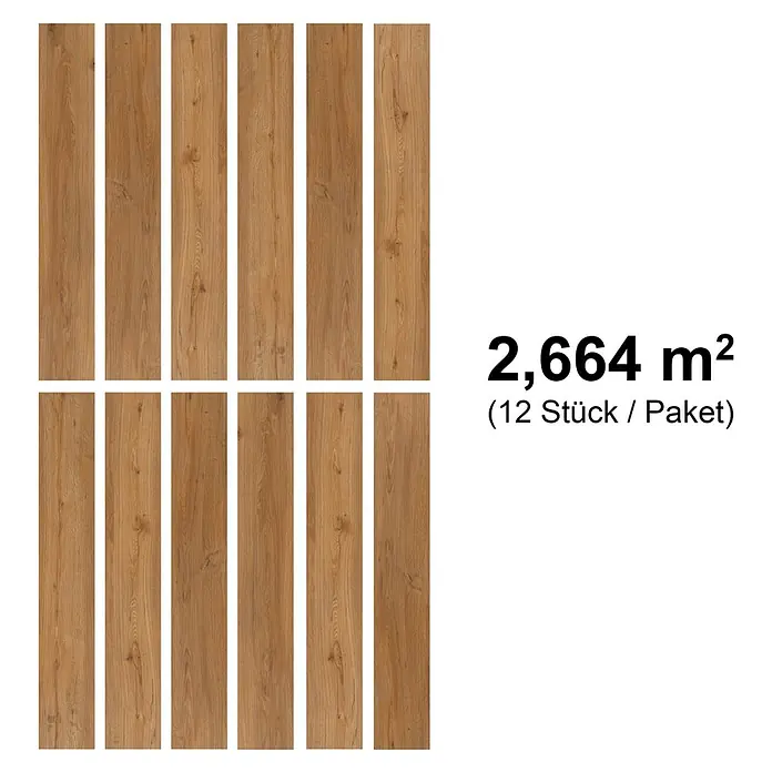 b!design Vinylboden SPC - Eiche Natural, Landhausdiele, 1.220 x 182 x 4,3 mm - Zwölf braune Holzoptik-Bodenpaneele, 12 Stück pro Paket, decken 2,664 m² ab.