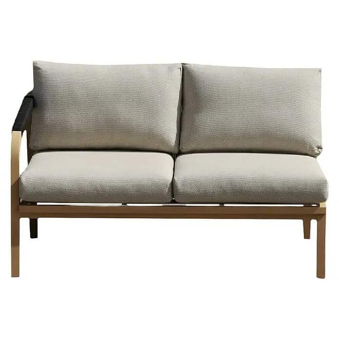 Sunfun Conjunto de muebles Monti - 6 pzs., Aluminio con transferencia térmica de teca/Poliéster, Marrón/Gris - Sofá de exterior de dos plazas con cojines beige claro y estructura de madera.