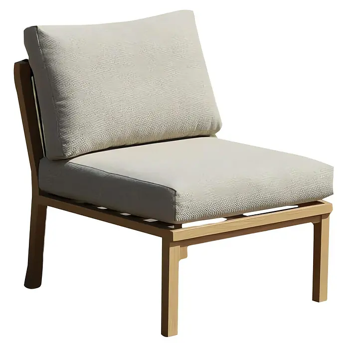Sunfun Conjunto de muebles Monti - 6 pzs., Aluminio con transferencia térmica de teca/Poliéster, Marrón/Gris - Un sillón lounge de exterior sin brazos con estructura de madera clara y cojines beige claro.