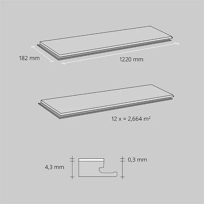 b!design Vinylboden SPC - Eiche Avignon, Landhausdiele, 1.220 x 182 x 4,3 mm - Bodenpaneele, 1220x182mm, 4,3mm dick mit 0,3mm Nutzschicht. Eine Packung mit 12 Stk. deckt 2,664 m² ab.