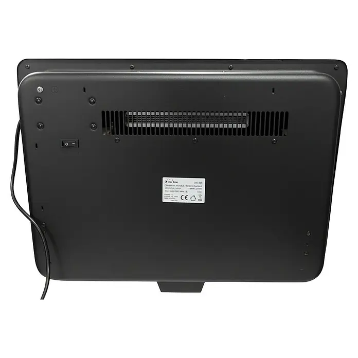 Purline Chimenea eléctrica CHE-620 - Negro, 2.000 W, 12,8 x 58,4 x 43,5 cm - Vista trasera de un dispositivo electrónico negro, con cable de alimentación, interruptor basculante, rejilla de ventilación y etiqueta del producto.