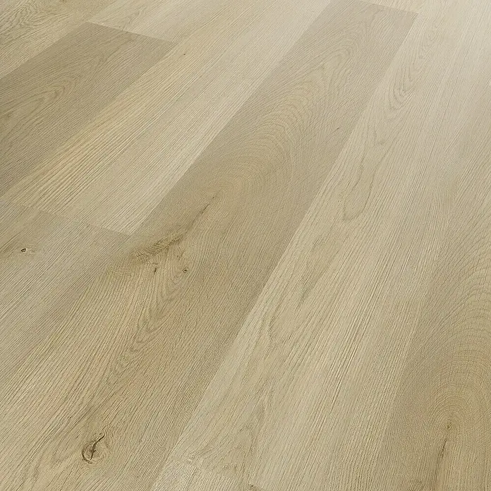 b!design Vinylbodenmuster SPC - Eiche Rothhorn, 280 x 160 x 4,3 mm, Landhausdiele - Heller Laminatboden in Holzoptik mit sichtbarer Maserung und leichten Astlöchern.