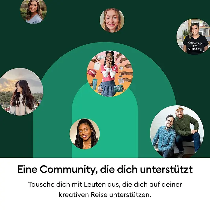 Cricut Joy Schneideplotter-Set Joy 2 Essentials Bundle - Schnittbreite: 11,4 cm, Schnittlänge: 1,2 m - Diverse Personen in runden Bildern mit kreativen Elementen und Text, der eine unterstützende Kreativ-Community beschreibt.