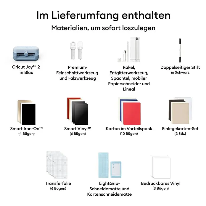 Cricut Joy Schneideplotter-Set Joy 2 Essentials Bundle - Schnittbreite: 11,4 cm, Schnittlänge: 1,2 m - Eine blaue Cricut Joy 2 Maschine mit verschiedenen Bastelwerkzeugen, Vinyl, Bügelfolie, Karton und Transferfolie als Starterpaket.