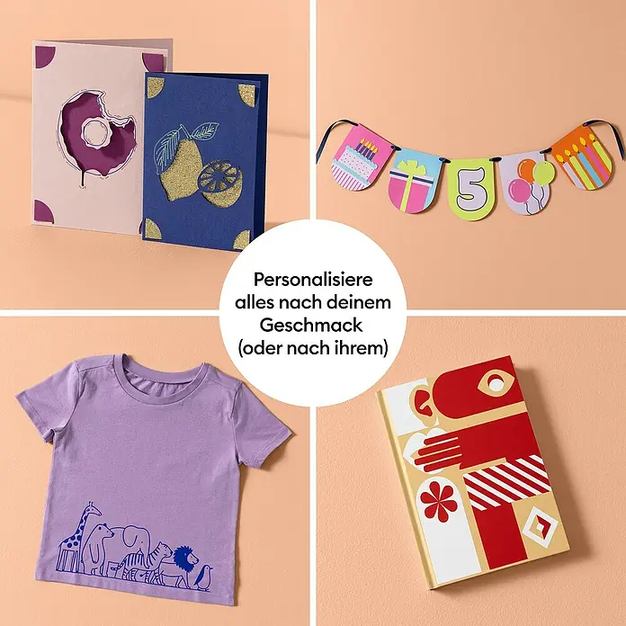 Cricut Joy Schneideplotter-Set Joy 2 Essentials Bundle - Schnittbreite: 11,4 cm, Schnittlänge: 1,2 m - Collage personalisierter Gegenstände: Grußkarten, Geburtstagsgirlande, T-Shirt mit Tiermotiven, verziertes Buchcover, zeigt vielfältige Gestaltungsmöglichkeiten.