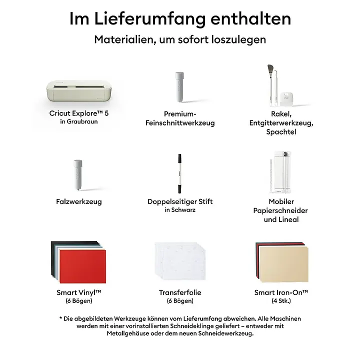 Cricut Schneideplotter-Set Explore 5 Essentials Bundle - Schnittbreite: 30,5 cm, Schnittlänge: 3,6 m - Cricut Explore 5 Maschine in Graubraun mit Bastelwerkzeugen und Materialien wie Vinyl, Transferfolie und Bügelfolie zum sofortigen Start.