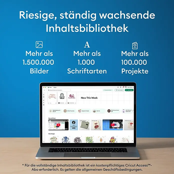 Cricut Joy Schneideplotter-Set Joy 2 Essentials Bundle - Schnittbreite: 11,4 cm, Schnittlänge: 1,2 m - Laptop zeigt Cricut Design-Software mit riesiger Inhaltsbibliothek: über 1,5 Mio. Bilder, 1.000 Schriftarten, 100.000 Projekte.