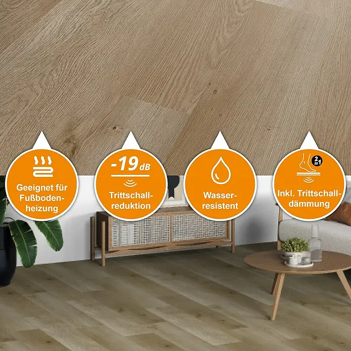 b!design Vinylboden SPC - Eiche Stanser, Landhausdiele, 1.220 x 182 x 4,3 mm - Heller Bodenbelag in Holzoptik mit Symbolen für Fußbodenheizung, -19 dB Trittschallreduktion, Wasserbeständigkeit und integrierte Trittschalldämmung.