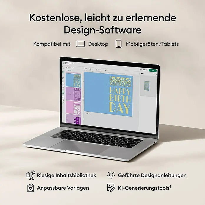 Cricut Joy Schneideplotter-Set Joy 2 Essentials Bundle - Schnittbreite: 11,4 cm, Schnittlänge: 1,2 m - Ein silberner Laptop zeigt Design-Software zur Kartengestaltung mit einer "Happy Birthday"-Vorlage und Designtools.