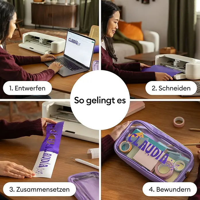 Cricut Schneideplotter-Set Explore 5 Essentials Bundle - Schnittbreite: 30,5 cm, Schnittlänge: 3,6 m - Eine Frau personalisiert ein lilafarbenes Federmäppchen mit einem Schneideplotter, indem sie einen Namen aus Vinyl ausschneidet und anbringt.