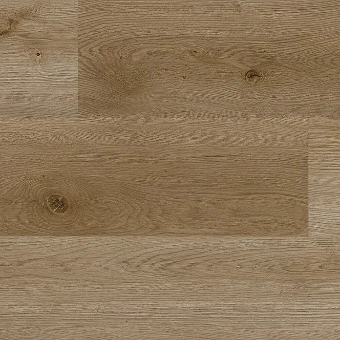 b!design Vinylboden SPC - Eiche Stanser, Landhausdiele, 1.220 x 182 x 4,3 mm - Hellbraune Holzplanken mit natürlicher Maserung und Ästen.