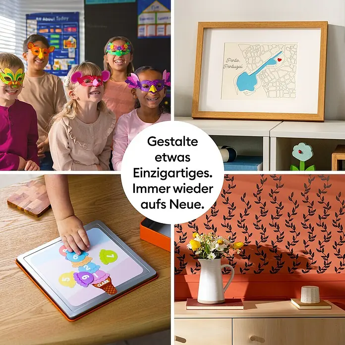 Cricut Schneideplotter-Set Explore 5 Essentials Bundle - Schnittbreite: 30,5 cm, Schnittlänge: 3,6 m - Beispiele einzigartiger Kreationen: Kindermasken, eine personalisierte Karte, ein Lernspiel und dekorative Tapeten, die kreative Individualisierung zeigen.