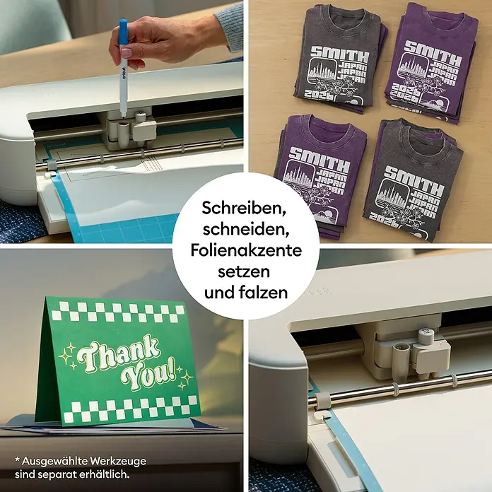 Cricut Schneideplotter-Set Explore 5 Essentials Bundle - Schnittbreite: 30,5 cm, Schnittlänge: 3,6 m - Cricut-Maschine in Aktion, zeigt Schreiben, Schneiden, Folieren und Falzen für Karten und Kleidung.