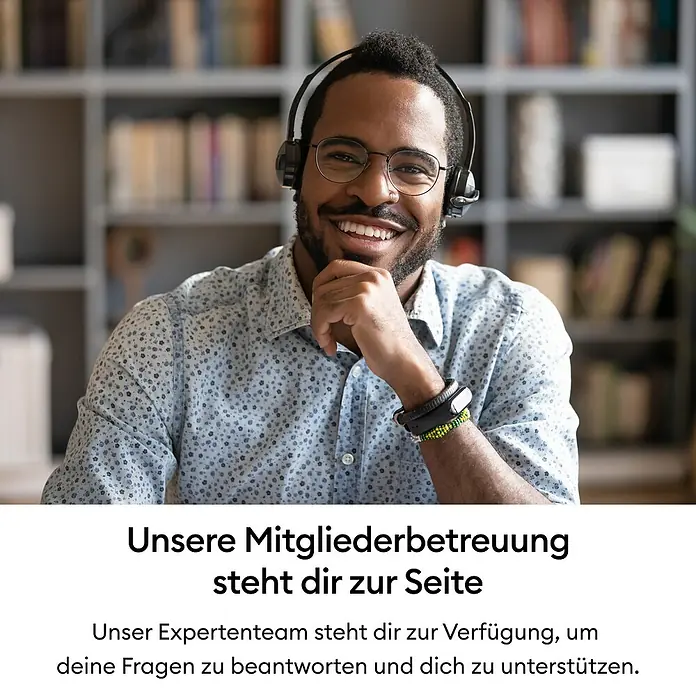 Cricut Joy Schneideplotter-Set Joy 2 Essentials Bundle - Schnittbreite: 11,4 cm, Schnittlänge: 1,2 m - Lächelnder Kundenservice-Mitarbeiter mit Headset, bereit zur Unterstützung der Mitglieder.