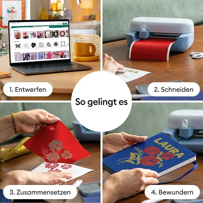 Cricut Joy Schneideplotter-Set Joy 2 Essentials Bundle - Schnittbreite: 11,4 cm, Schnittlänge: 1,2 m - Vier Schritte des Plotter-Prozesses: Design am Laptop, Schneiden von rotem Vinyl, Entgittern und Bewundern eines personalisierten blauen Notizbuchs.