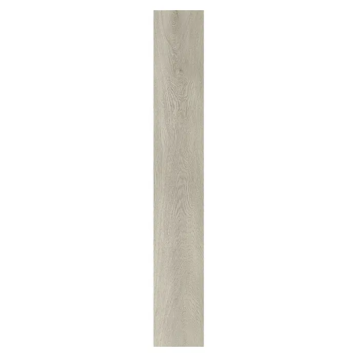 b!design Vinylboden SPC - Eiche Brunni, Landhausdiele, 1.220 x 182 x 4,3 mm - Hellgraue Holzplatte mit sichtbarer Maserung und feinen Ästen.