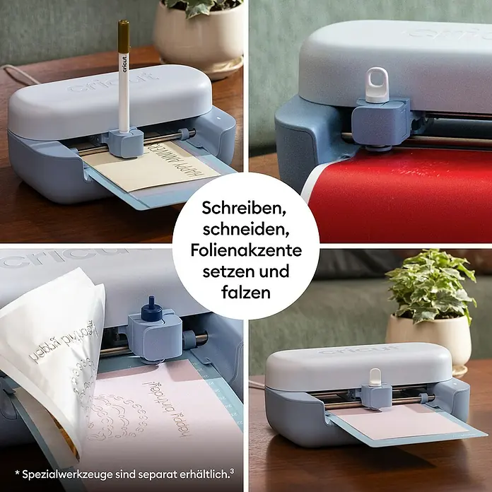 Cricut Joy Schneideplotter-Set Joy 2 Essentials Bundle - Schnittbreite: 11,4 cm, Schnittlänge: 1,2 m - Cricut Joy Maschine (weiß/grau) beim Schreiben, Schneiden, Folieren und Falzen von Materialien für Bastelprojekte.