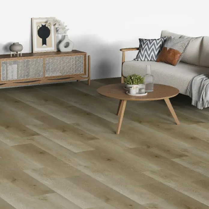b!design Vinylboden SPC - Eiche Stanser, Landhausdiele, 1.220 x 182 x 4,3 mm - Heller Holzfußboden in einem modernen Wohnzimmer.