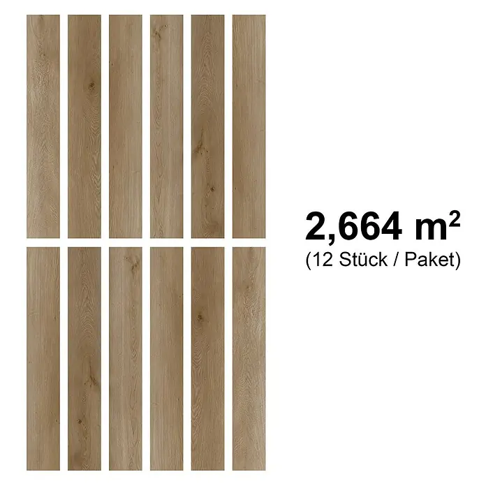b!design Vinylboden SPC - Eiche Stanser, Landhausdiele, 1.220 x 182 x 4,3 mm - Zwölf hellbraune Holzdielen. Ein Paket mit 12 Stück deckt 2,664 m² ab.