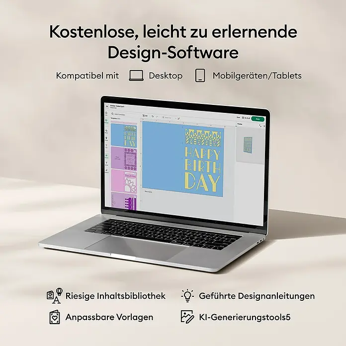 Cricut Schneideplotter-Set Explore 5 Essentials Bundle - Schnittbreite: 30,5 cm, Schnittlänge: 3,6 m - Laptop mit Design-Software zum Erstellen von Geburtstagskarten, kompatibel mit Desktop und Mobilgeräten.