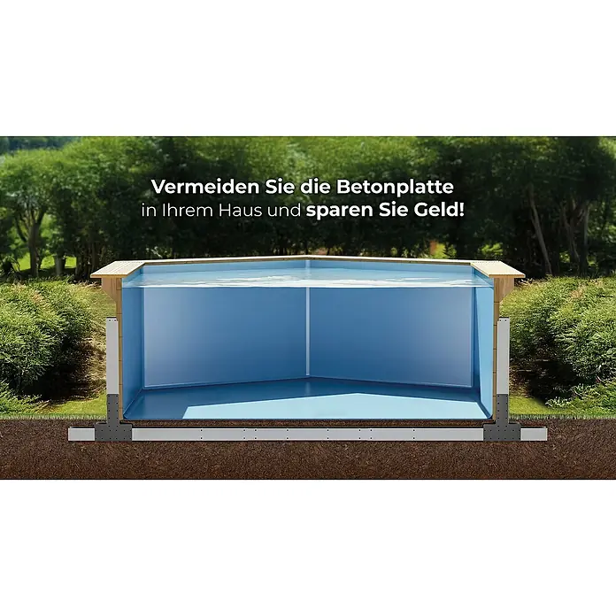 Gre Piscina de madera Bambú 2 - L x An x Al: 535 x 355 x 136 cm, 20.890 l, Natural - Sección transversal de una piscina azul semi-enterrada, mostrando su sistema de cimentación sin losa de hormigón.