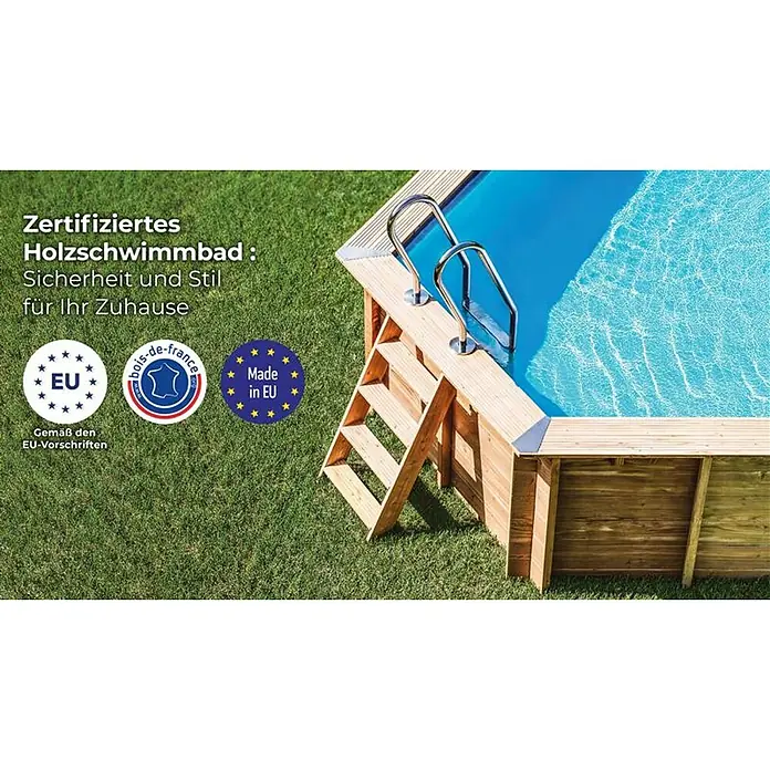 Gre Piscina de madera Bambú 2 - L x An x Al: 535 x 355 x 136 cm, 20.890 l, Natural - Una piscina de madera certificada con escalera, llena de agua azul. Presenta certificaciones de la UE y Made in EU.