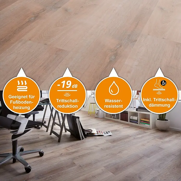 b!design Vinylboden SPC - Western Eiche, Landhausdiele, 1.220 x 182 x 4,3 mm - Hellbrauner Bodenbelag im Holzdekor, wasserresistent, trittschalldämmend und für Fußbodenheizung geeignet.