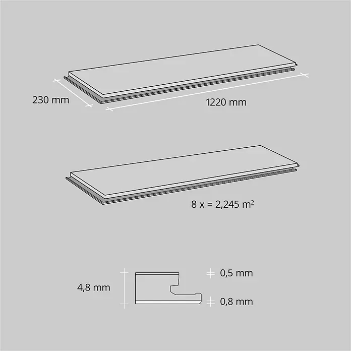 b!design Vinylboden SPC - Eiche Andermatt, 1.220 x 230 x 4,8 mm - Rechteckige Plattenmaße: 1220x230x4.8mm. Detail zeigt 0.5mm und 0.8mm Schichten. 8 Platten decken 2.245m² ab.