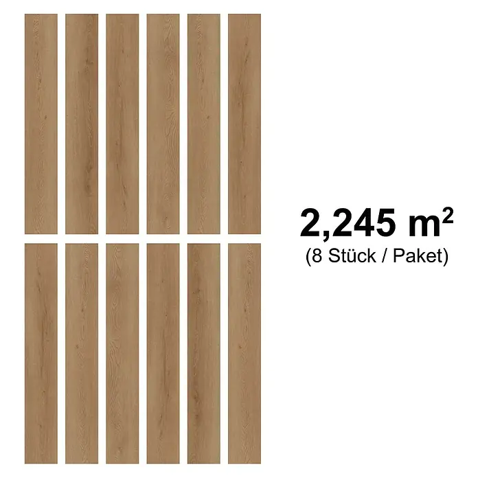 b!design Vinylboden SPC - Eiche Andermatt, 1.220 x 230 x 4,8 mm - Acht hellbraune Bodenpaneele in Holzoptik, 2,245 m² pro 8er-Paket.