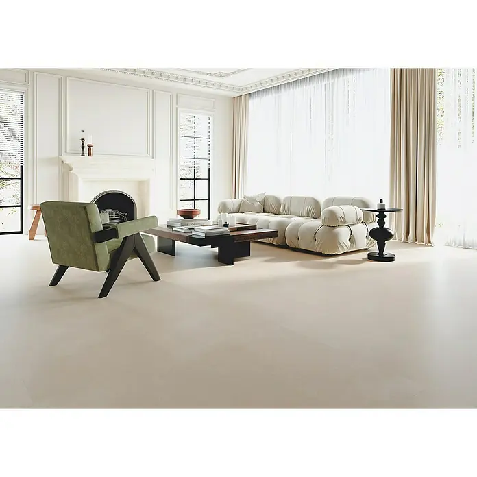 b!design Vinylboden SPC - Avelino, Fliese, 800 x 400 x 6,5 mm - Hellbeige großformatige Fliesenböden, die eine geräumige, warme Grundlage in einem modernen Wohnzimmer schaffen.