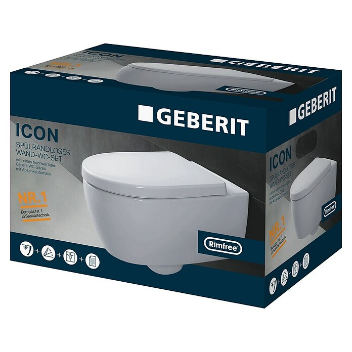 Geberit iCon Spülrandloses Wand-WC-Set iCon (Mit WC-Sitz, Tiefspüler, Weiß)