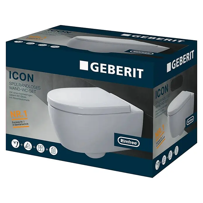 Geberit iCon Wand-WC-Set - Spülrandlos, Ohne Spezialglasur, Spülform: Tief, WC Abgang: Waagerecht, Weiß - Weißes Geberit Icon Rimfree Wand-WC-Set mit Absenkautomatik-Sitz, auf der Produktverpackung abgebildet.
