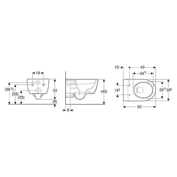 Geberit iCon Wand-WC-Set - Spülrandlos, Ohne Spezialglasur, Spülform: Tief, WC Abgang: Waagerecht, Weiß - Technische Zeichnungen eines Wand-WCs mit detaillierten Maßen.