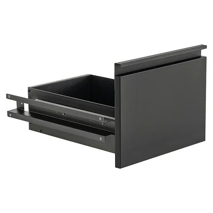 Kingstone Schubladen-Set Cliff Big Basic - Stahl, Passend für: Kingstone Seitenschrank Cliff Big Basic - Teilweise geöffnete schwarze Metallschublade mit Innenschienen und Stauraum.