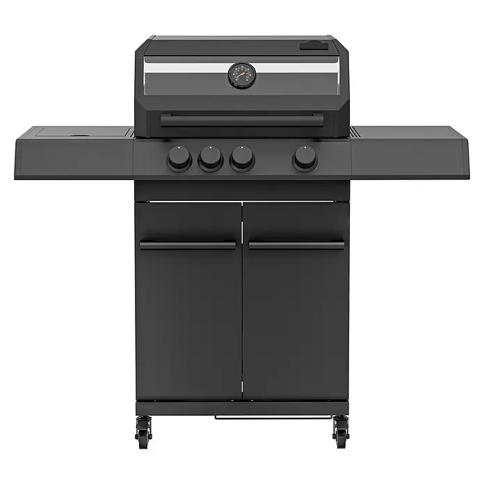 Kingstone KMS Gasgrill Cliff 3500 Beast Black Edition - Grillfläche (B x T): 61 x 45 cm, 10,5 kW, Anzahl Brenner: 3 Stk. - Dunkelgrauer Gasgrill mit Deckel, Temperaturanzeige, Bedienknöpfen, Seitenablagen und Schrankablage auf Rädern.