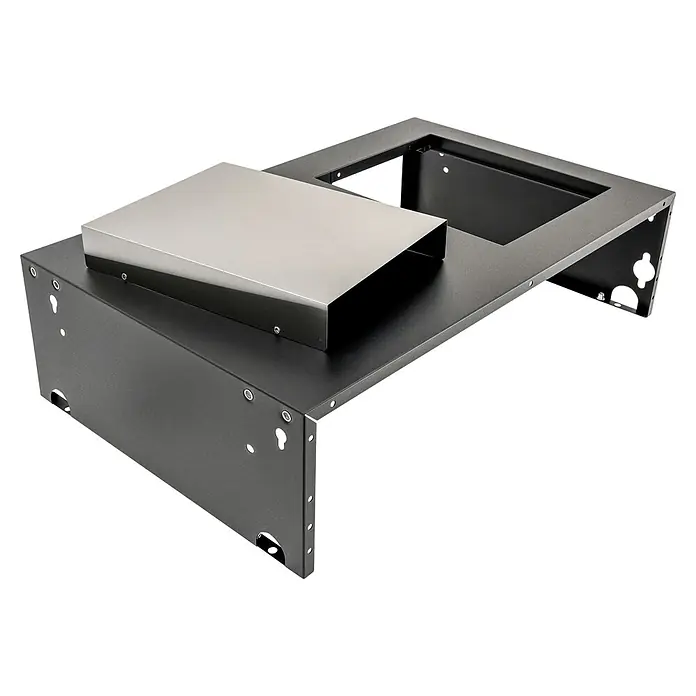 Kingstone Arbeitsplatte Cliff Big Basic mit Seitenbrennerausschnitt - Stahl, Passend für: Kingstone Seitenschrank Cliff Big Basic - Dunkelgraues Metallgehäuse mit silberner Abdeckung, mit verschiedenen Aussparungen und Befestigungslöchern.