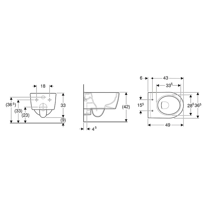 Geberit iCon Wand-WC-Set XS - Spülrandlos, Ohne Spezialglasur, Spülform: Tief, WC Abgang: Waagerecht, Weiß - Technische Zeichnung einer wandhängenden Toilette mit Maßen.