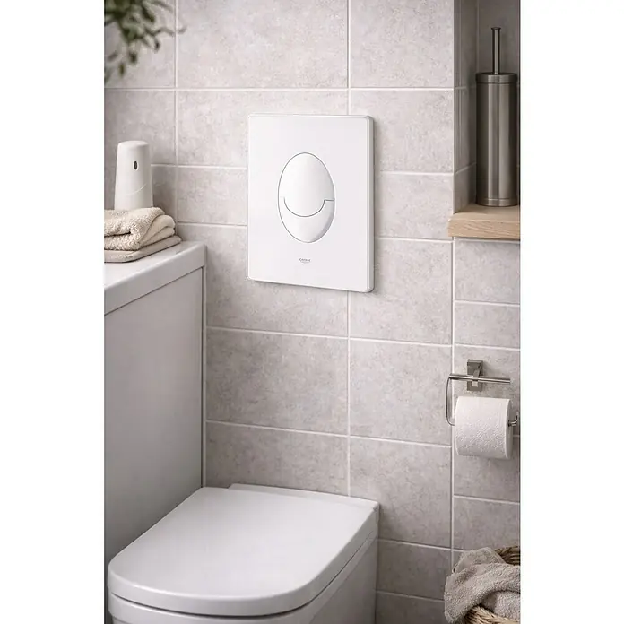 Grohe Placa de accionamiento Skate Air - Blanco, 2 descargas - Placa de descarga doble blanca con dos botones ovales, montada en la pared sobre un inodoro.