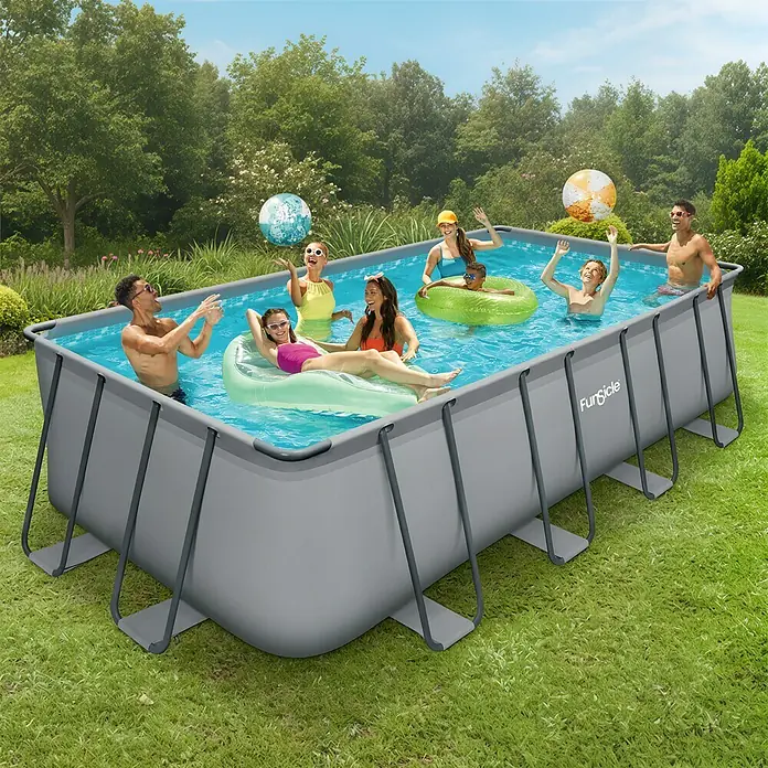 Funsicle Frame-Pool Oasis - L x B x H: 549 x 274 x 132 cm, Grau/Blau, 16.550 l - Rechteckiger grauer Aufstellpool mit schwimmenden und spielenden Personen.