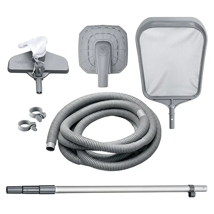Funsicle Frame-Pool - Ø x H: 427 x 107 cm, Grau, 13.294 l - Graues Poolreinigungsset mit Vakuumköpfen, Kescher, Schlauch, Klemmen und Teleskopstange.