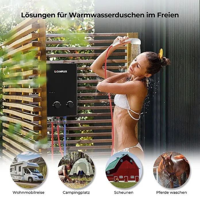 Camplux Durchlauferhitzer Outdoor Dusche AY-Serie - 5 l/min, 50 mbar, Schwarz - CAMPLUX schwarzer Outdoor-Warmwasserbereiter für eine Frau beim Duschen. Auch für Wohnmobile, Camping, Scheunen und Pferdewaschen.