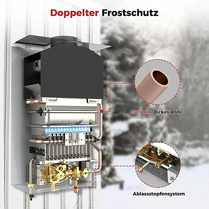 Camplux Durchlauferhitzer Outdoor Dusche BD-Serie - 10 l/min, 50 mbar, Weiß - Interner Blick auf einen Gas-Durchlauferhitzer mit Kupferrohren, blauen Flammen und Messing-Ablasssystem, der doppelten Frostschutz zeigt.