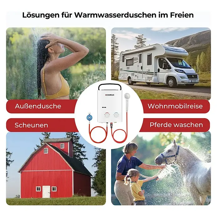 Camplux Durchlauferhitzer Outdoor Dusche AY-Serie - 5 l/min, 50 mbar, Weiß - Weißer tragbarer Warmwasserbereiter mit roten Schläuchen und Duschkopf. Dargestellt für Außenduschen, Wohnmobile, Scheunen und Pferdewäsche.