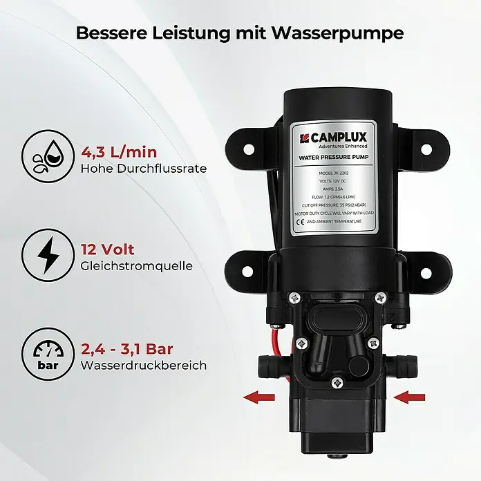 Camplux Durchlauferhitzer Outdoor Dusche AY-Serie + - 5 l/min, Wasserpumpe, 50 mbar, Schwarz - Schwarze Camplux 12V DC Wasserpumpe.