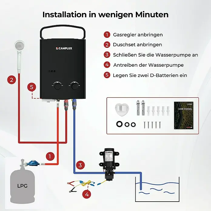 Camplux Durchlauferhitzer Outdoor Dusche AY-Serie + - 5 l/min, Wasserpumpe, 50 mbar, Schwarz - Schwarzer tragbarer Gas-Durchlauferhitzer mit Duschkopf, Wasserpumpe und LPG-Anschluss, Installationsanleitung.
