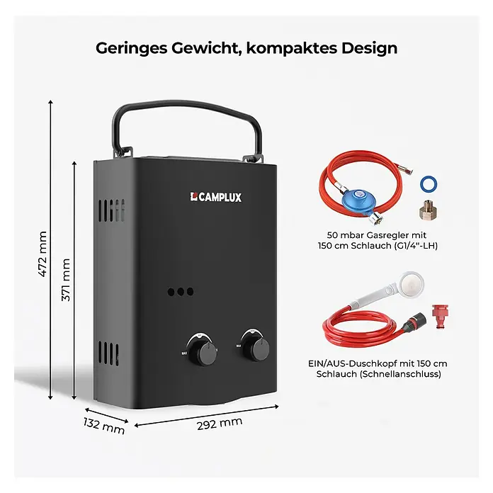 Camplux Durchlauferhitzer Outdoor Dusche AY-Serie - 5 l/min, 50 mbar, Schwarz - Schwarzer mobiler Gas-Durchlauferhitzer mit Gasregler und Duschkopf-Zubehör. Zeigt Abmessungen und kompaktes Design.