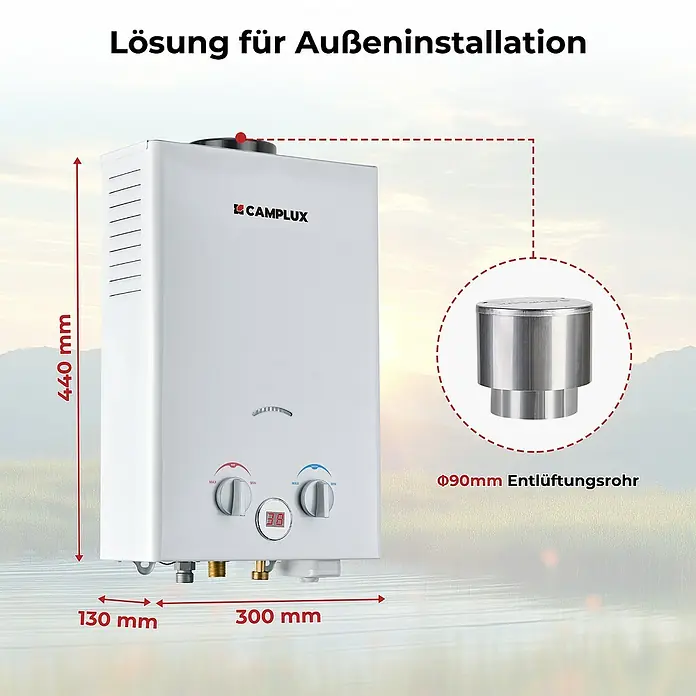 Camplux Durchlauferhitzer Outdoor Dusche BW-Serie - 6 l/min, 37 mbar, Weiß - Weißer Camplux Warmwasserbereiter für Außeninstallation, inklusive Ø90mm Entlüftungsrohr.