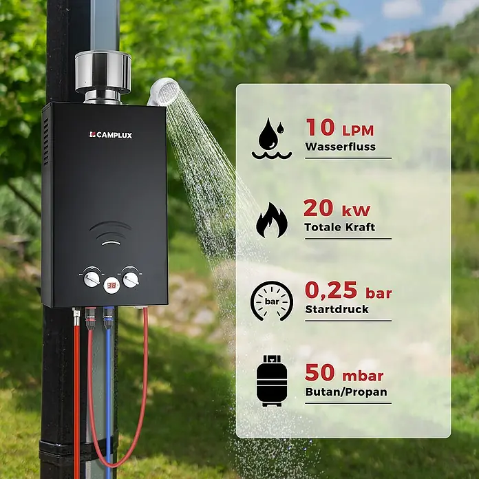 Camplux Durchlauferhitzer Outdoor Dusche BW+-Serie - 10 l/min, 50 mbar, Schwarz - Schwarzer Outdoor-Gasdurchlauferhitzer mit Duschkopf, der Wasser sprüht. Im Freien montiert.