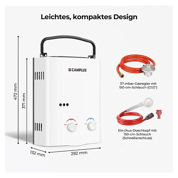 Camplux Durchlauferhitzer Outdoor Dusche AY-Serie - 5 l/min, 37 mbar, Weiß - Weißer Camplux tragbarer Gas-Durchlauferhitzer mit Gasregler- und Brauseschläuchen.