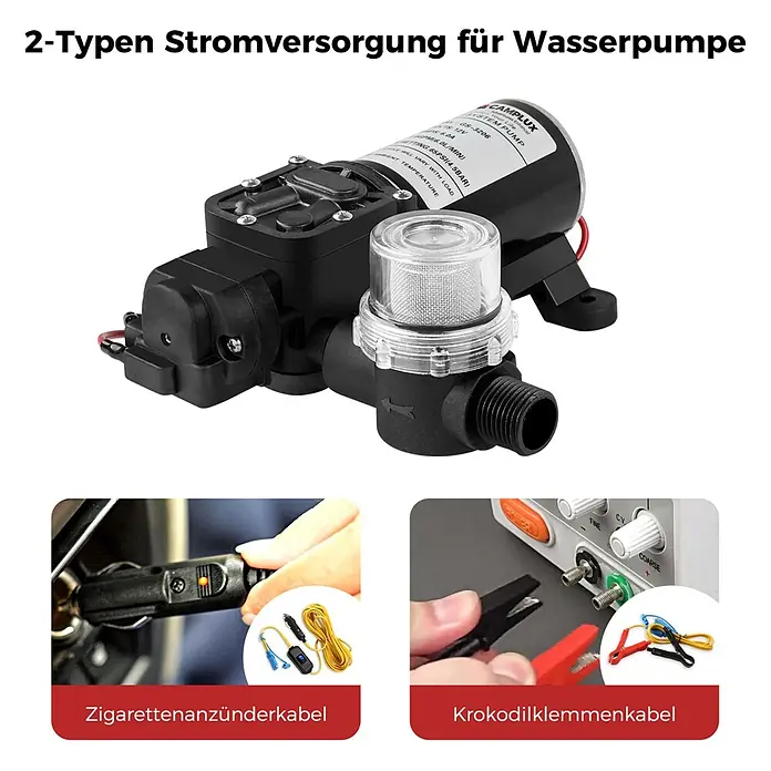 Camplux Durchlauferhitzer Outdoor Dusche BW+-Serie - 6 l/min, 50 mbar, Schwarz - Eine Wasserpumpe mit durchsichtigem Filter, gezeigt mit zwei Stromversorgungsoptionen: Zigarettenanzünderkabel und Krokodilklemmenkabel.